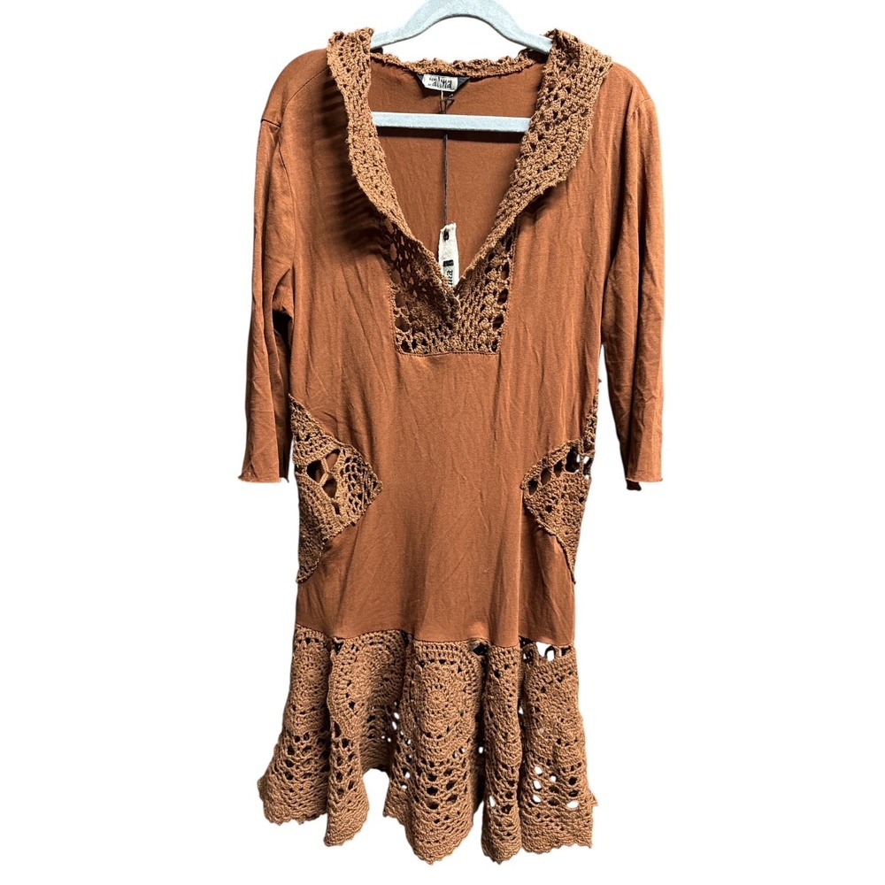 Crochet-Trim Tunic Dress in Rust Brown